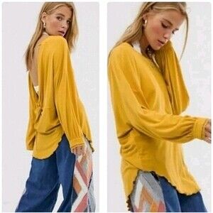 Free People women M Shimmy Shake v-back lettuce edge knit top long sleeve yellow